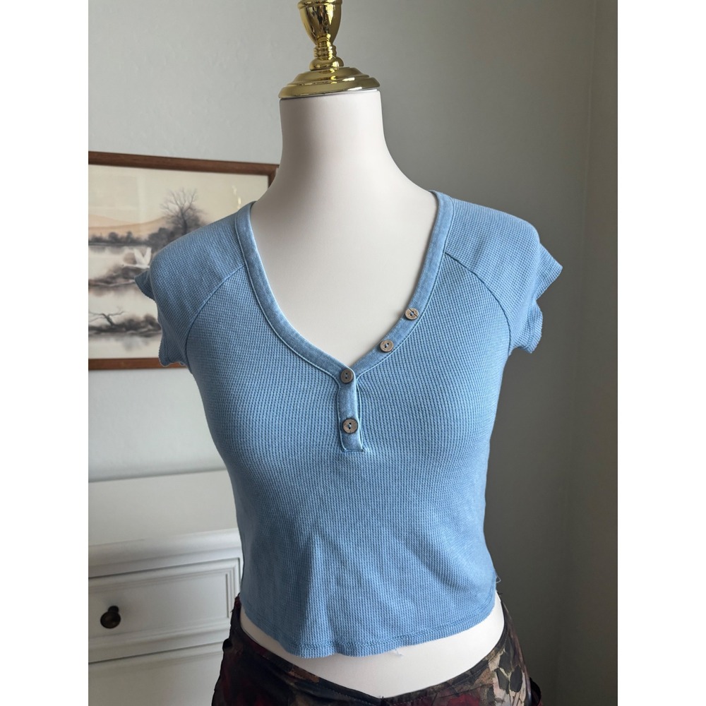 Roxy Henley Crop Top Womens Small Blue Excellent Waffle Knit V-Neck Raglan